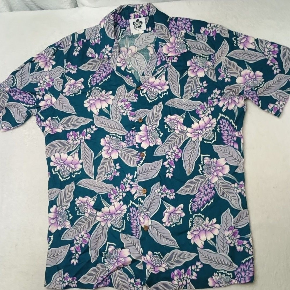 Hilo Hattie Shirt Men L Green Floral Short Sleeve Button-Up Rayon Made In Hawaii